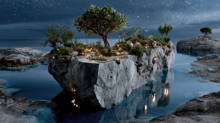 A captivating night scene of a serene island oasis featuring illuminated plants and a majestic tree, surrounded by calm waters and starry skies.の素材