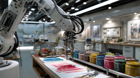 A robotic arm skillfully paints on canvas in a vibrant art studio. Surrounded by jars of colorful paint, this innovative technology merges creativity with advanced engineering.の素材