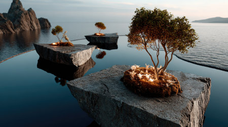 This captivating image features miniature trees on rock islands, illuminated against a calm water backdrop during sunset, creating a serene and tranquil scene.の素材