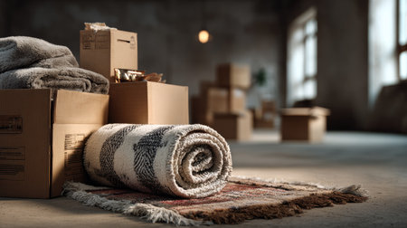 A cozy interior scene featuring moved boxes and textiles, including a stylish area rug. The warm environment reflects a sense of transition and comfort.の素材