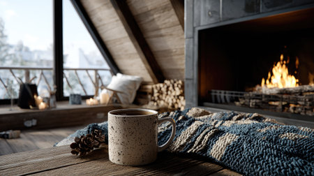Experience the warmth of a rustic cabin interior featuring a cozy fireplace, a steaming coffee mug, and a beautifully textured blanket.の素材