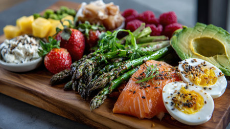 A vibrant and nutritious gourmet platter featuring salmon, eggs, avocado, asparagus, and assorted seasonal fruits, perfect for healthy dining occasions.の素材