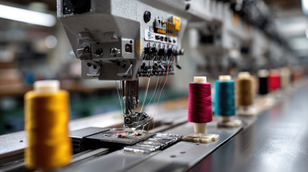 This image showcases a close-up view of a sewing machine in a textile factory, highlighting vibrant thread spools in a workspace dedicated to embroidery and fabric production.の素材