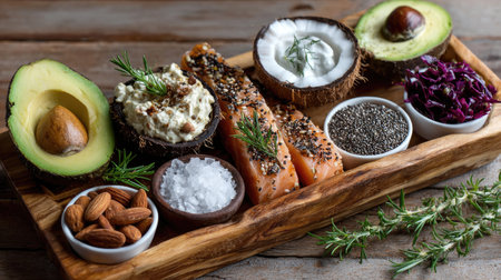 A beautiful wooden platter showcases an array of fresh and healthy ingredients, including salmon, avocado, and nuts, perfect for nutritious meals and recipes.の素材