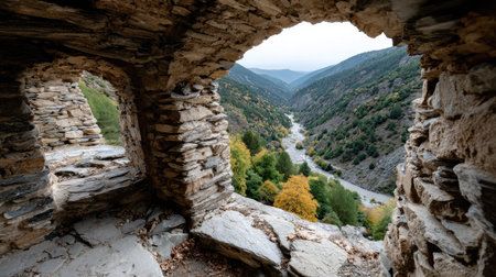 Discover a breathtaking view framed by ancient stone ruins, revealing a lush valley with a winding river and vibrant forested mountains in the distance.の素材