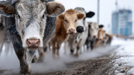 A picturesque view of a herd of cows walking along a snowy pathway, showcasing their movement and the contrast between nature and industrial background.の素材