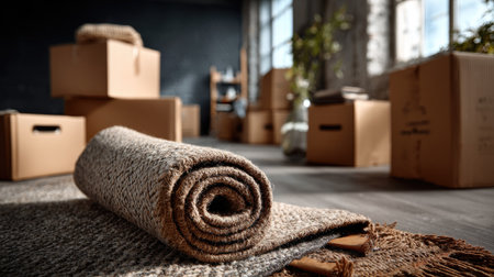 A cozy indoor rug adds warmth to a modern living space, accentuated by moving boxes and soft natural light filtering through large windows.の素材
