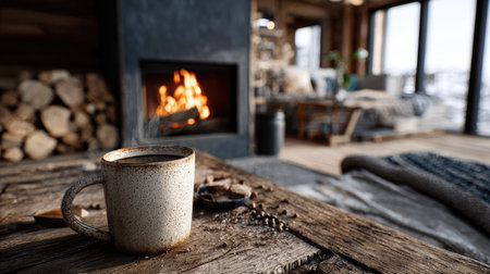 A serene and cozy interior scene featuring a steaming coffee mug on a rustic wooden table, alongside a warm fireplace, invoking comfort and relaxation.の素材
