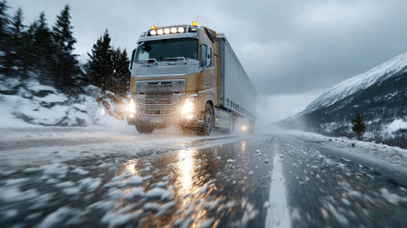 A heavy-duty truck maneuvers through a snowy road in challenging winter conditions, highlighting the risks and beauty of outdoor transport in a mountainous landscape.の素材