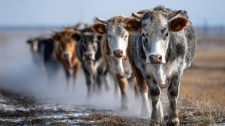 A herd of cattle walks along a rural path shrouded in fog, showcasing the beauty of a winter landscape and the tranquility of farm life.の素材