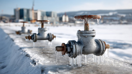 This image captures frozen valves in a winter landscape, highlighting icy textures on metal surfaces against a backdrop of snow and industrial structures.の素材