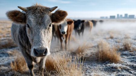 A serene rural scene depicting cattle standing in a frosty field during a cold morning with a fog blanket rolling in, revealing distant buildings.の素材