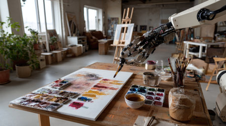 A captivating scene of a robotic arm painting on canvas using vibrant colors in a well-equipped artistic studio, showcasing the blend of technology and creativity.の素材