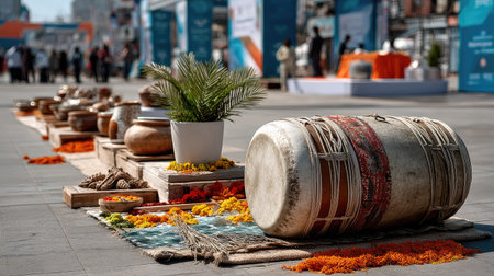 A vibrant setup featuring traditional musical instruments and colorful floral decorations on a street, embodying the spirit of cultural celebration and community gathering.の素材