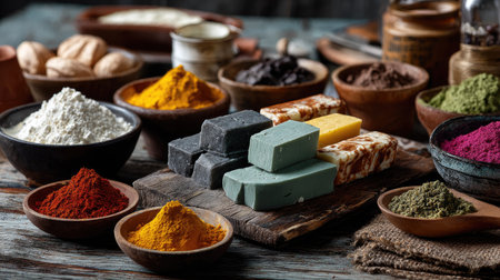 A vibrant collection of natural spices, herbs, and handmade soaps beautifully arranged in rustic wooden bowls, showcasing the rich textures and colors ideal for culinary and wellness projects.の素材