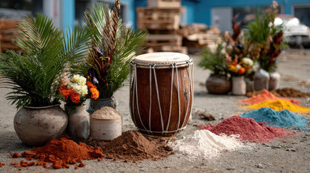 This captivating image showcases a traditional drum surrounded by colorful powders and floral arrangements, celebrating cultural artistry and heritage.の素材