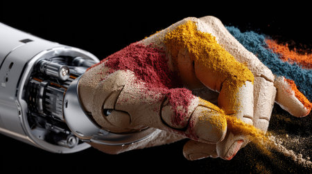 A striking composition featuring a robotic hand pouring colorful powders, symbolizing the blend of technology and art against a dark backdrop.の素材