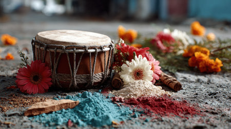 A stunning arrangement featuring a traditional drum surrounded by colorful powders and fresh flowers, symbolizing joy and celebration in nature.の素材