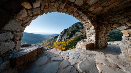 Captivating view through ancient stone arches capturing the beauty of a vibrant autumn landscape, showcasing mountains and colorful trees at sunset.の素材