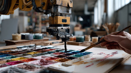 A robotic arm delicately paints an array of vibrant colors from a palette in a contemporary art studio. The scene captures the fusion of technology and creativity.の素材