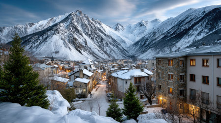 This picturesque winter scene captures a peaceful village nestled in a snowy landscape. Majestic mountains surround cozy homes, creating a serene and inviting atmosphere, perfect for travelers seeking tranquility.の素材