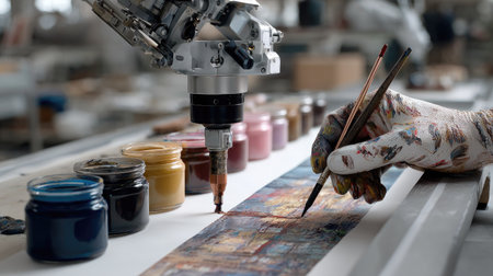 A robotic arm meticulously paints on a canvas, with a variety of colorful paint jars arranged beside it, showcasing the blend of technology and creativity in modern art.の素材
