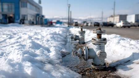 A vibrant image featuring a fire hydrant amidst snow in an industrial area, with vehicles parked nearby and a building visible under clear blue skies.の素材