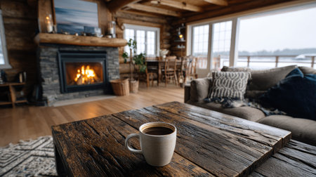 Experience the warmth and comfort of a rustic cabin interior featuring a glowing fireplace, comfortable seating, and a peaceful view of nature through the window.の素材