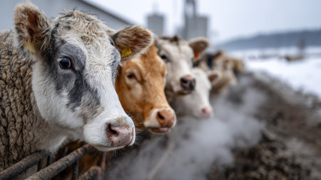 A serene scene of cows in an agricultural farm during winter. The animals exhibit distinct features, surrounded by a snowy landscape and barns in the background.の素材