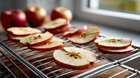 Sliced red apples arranged on a cooling rack, drying in soft, natural light. Ideal for showcasing healthy fruit preparation in a cozy kitchen environment.の素材
