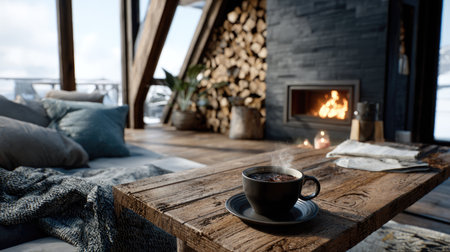 A cozy scene featuring a steaming cup of coffee on a rustic wooden table beside a fireplace, creating a warm and inviting atmosphere perfect for winter relaxation.の素材