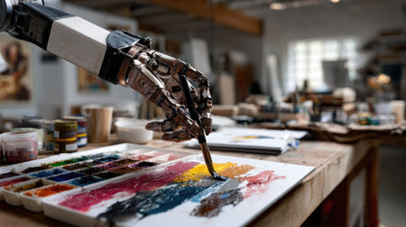 A futuristic robotic hand carefully applies paint to a canvas in a vibrant art studio. The image highlights creativity merging with technology, showcasing the intricate tools and colorful palette used in the artistic process.の素材