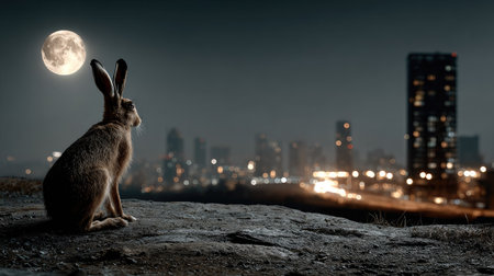 A serene rabbit sits on a rock, gazing at a full moon above a vibrant city skyline. The nighttime setting captures a harmonious blend of nature and urban life.の素材