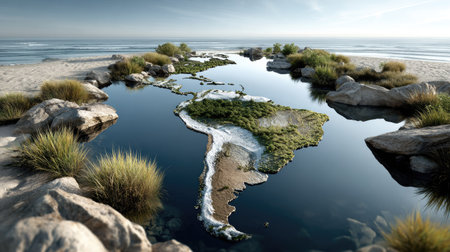 This artistic image showcases a unique landscape resembling a map of South America, with tranquil waters and natural greenery, set against a serene beach backdrop.の素材