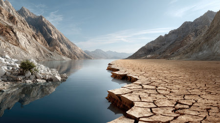 This stunning image showcases a dry landscape featuring cracked earth alongside a tranquil body of water, surrounded by majestic mountains under a clear sky.の素材