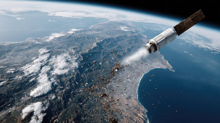 A stunning view of a satellite in Earth's orbit shows debris scattering around it, highlighting both technological advancement and environmental impact.の素材