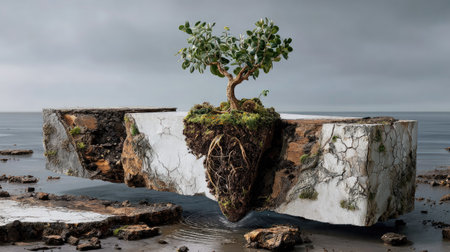 A surreal composition featuring a floating rock island with a bonsai tree, surrounded by tranquil ocean water and a moody grey sky, evoking harmony.の素材