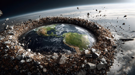 This striking image portrays Earth surrounded by debris, emphasizing the pressing themes of pollution and environmental sustainability in a cosmic setting.の素材