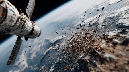 A dramatic view of a satellite in orbit above Earth, showcasing fragments scattering in space due to a collision, highlighting technology and environmental challenges.の素材
