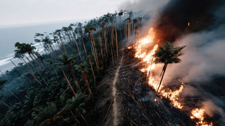 A striking aerial view captures the intense scene of a forest fire ravaging a tropical landscape, with flames consuming trees and smoke billowing skyward.の素材