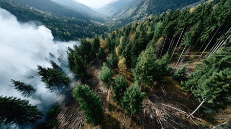 Breathtaking aerial image capturing a dense forest blanketed in mist, revealing fallen trees and vibrant autumn foliage in a serene mountain valley.の素材