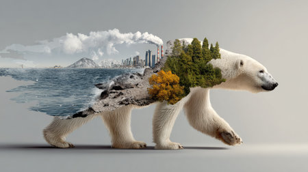 This striking image artfully depicts a polar bear surrounded by a mixture of natural landscapes and urban settings, symbolizing the urgent environmental challenges facing wildlife.の素材