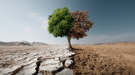 A striking image of two halves of a tree showcasing vibrant green foliage on one side and lifeless brown on the other. This powerful visual metaphor represents the urgent need for environmental awareness and the impact of climate change on ecosystems, set against a parched landscape.の素材