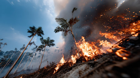 A dramatic scene depicting a raging forest fire consuming vegetation amid palm trees, casting shadows and smoke into the sky, representing ecological destruction.の素材