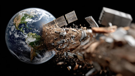 This striking image illustrates a massive collision of space debris with Earth, highlighting environmental chaos and potential future disasters.の素材