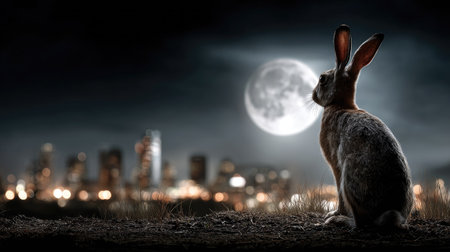 A captivating scene showing a rabbit gazing at a bright full moon above a vibrant city skyline. The atmospheric night adds a serene and magical touch.の素材