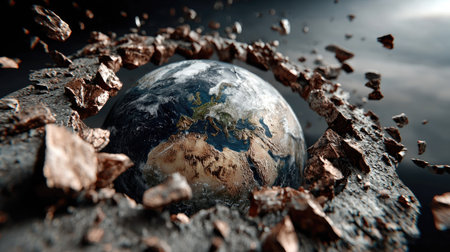 A captivating digital artwork showcasing Earth within a dynamic asteroid belt, surrounded by fragmented rocks against a dramatic cosmic backdrop.の素材