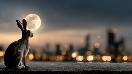 A serene rabbit silhouette gazes at a bright full moon above a mesmerizing urban skyline, creating a magical atmosphere in the night.の素材