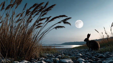 A serene nighttime landscape featuring a rabbit silhouette against a bright full moon sparkling over calm waters, with tall grasses framing the scene.の素材