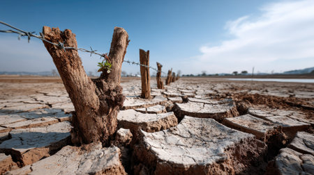 The image depicts dry, cracked land with a barbed wire fence, highlighting the harsh realities of climate change. A small green sprout emerges, symbolizing resilience and hope amid environmental challenges.の素材